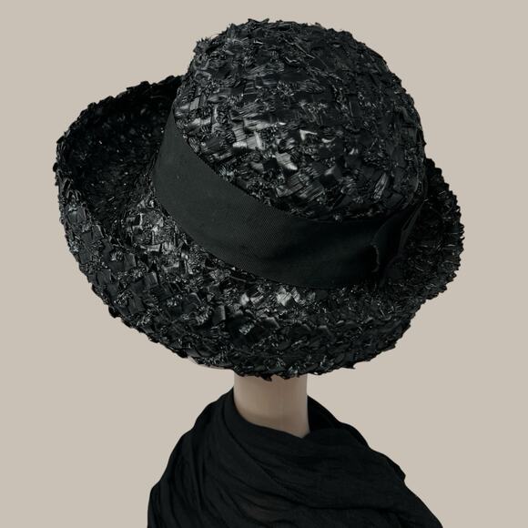 Vintage Black Wide Brim Cocktail Hat Audrey Hepburn Old Hollywood Union Made main image 4